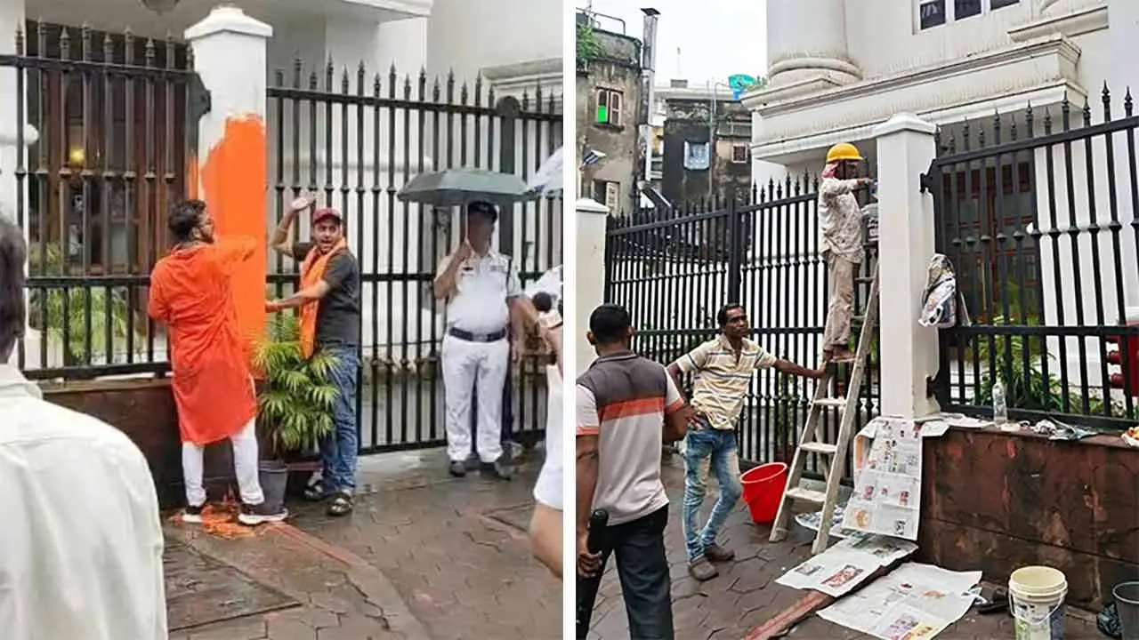 احتجاج کے طورپر اخبار کے دفتر کی دیوارکو گیروا رنگ سے رنگ دیا گیا
